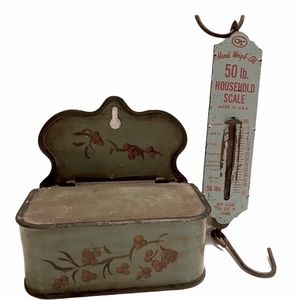 Antique Vintage Tin Matchbox Holder Weighing Hook Primitive Farmhouse Kitchen